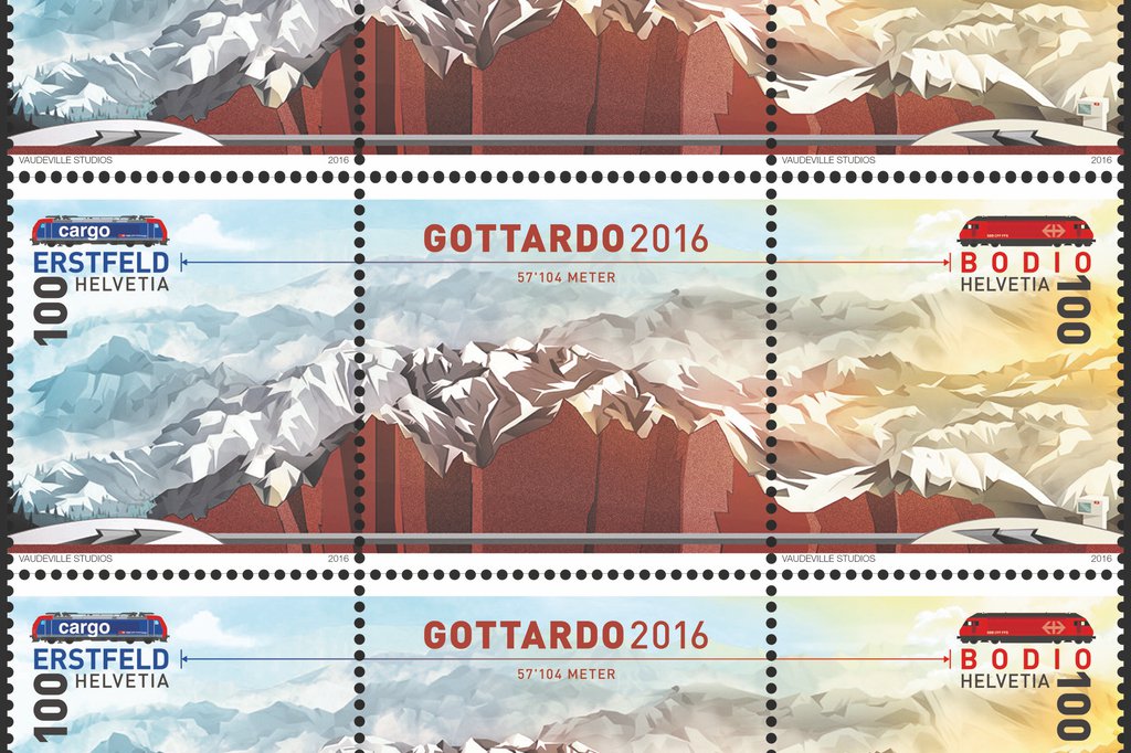 Sondermarke „Gottardo 2016“ – mit echtem, zu Pulver verarbeitetem Gotthardgestein bedruckt (Quelle: Schweizer Post)