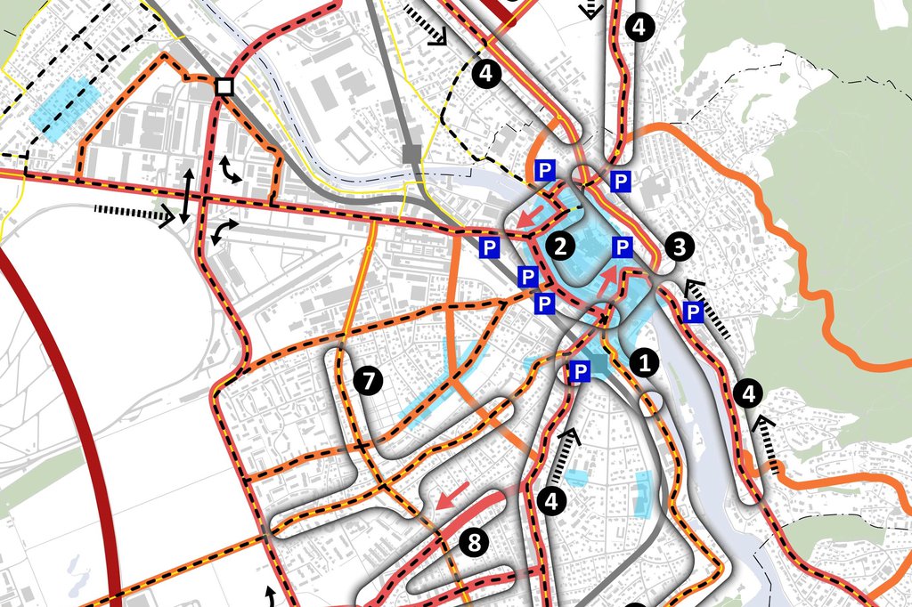 Thun is expecting significant growth in traffic volumes. Using detailed maps and other materials, the holistic traffic concept shows where action is most urgently needed, and what measures are required.  (Source: INFRAS, B+S)